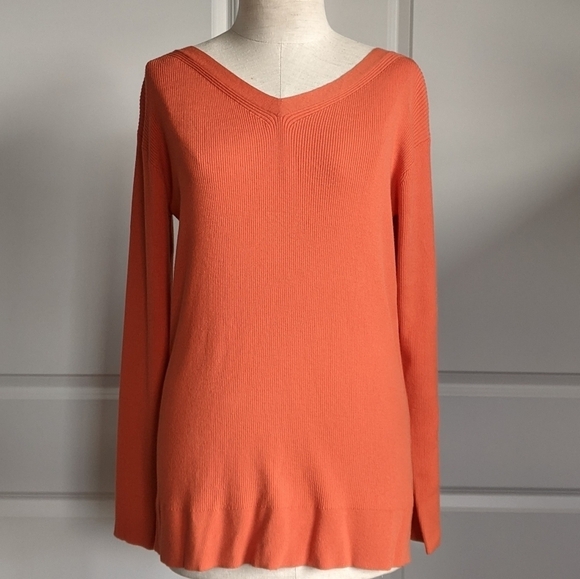 Lafayette 148 New York Sweaters - Lafayette 148 Sweater Lightweight Rib Knit V-Neck Pullover Habanero Orange M NWT